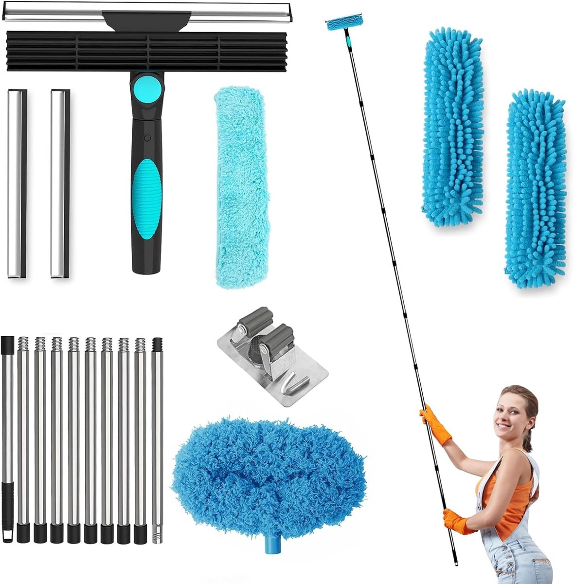 Raamreinigingsset 4-in-1 - telescopische steel tot 3,9 m - 360° draaiende kop - ideaal voor hoge ramen