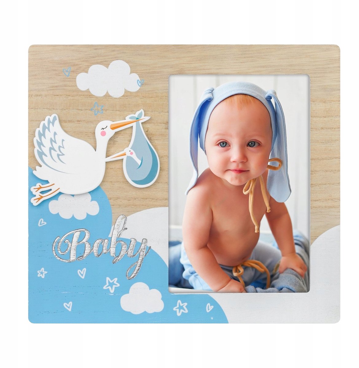 Baby Fotolijst 10x15cm Blauw met Ooievaar - Geboorte Herinnering
