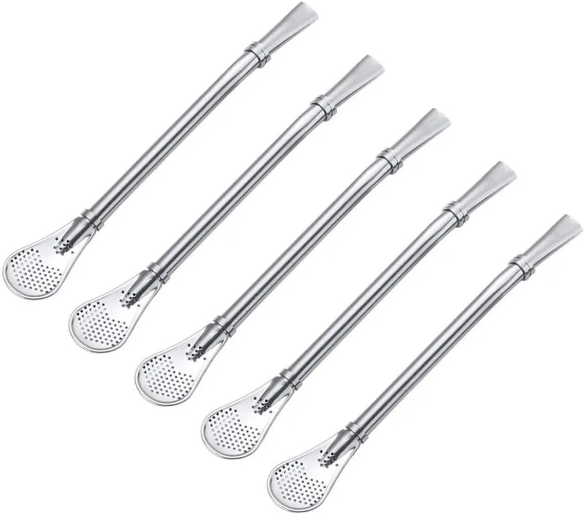 Roestvrijstalen yerba mate rietjes, yerba mate rietjes, lepelvormige rietjes, zilver, 5-delige set
