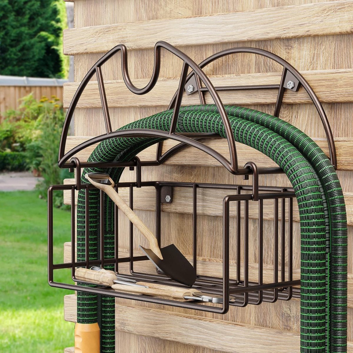Tuinslanghouder - Heavy duty met opslagmand - Wandmontage - Ideaal voor tuin en garage