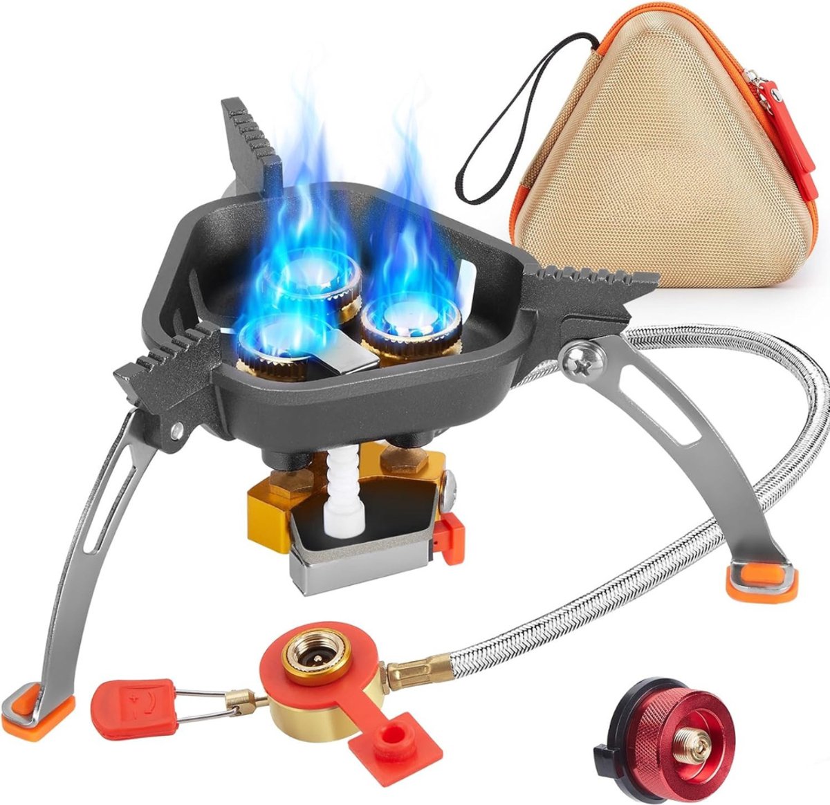 QUOVO® Wokbrander - Kookbrander 7200 Watt - Wok Brander - Met Slang en Regelaar - Propaan/Gas - Voor Buiten – Camping Kooktoestel Wind Proof – Zwart - 16cm x 16cm x 11cm