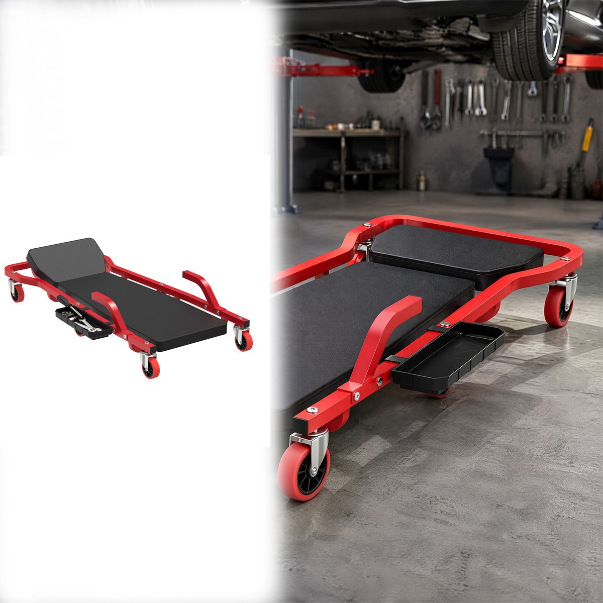 Aufun Verrijdbare Monteursligplank – 109.5x46x21.5 cm – Zwart & Rood – Met Vaste Armsteunen – Draagvermogen 150 Kg – Metaal & Kunstleer – Inclusief Hoofdsteun En Gereedschapsbak
