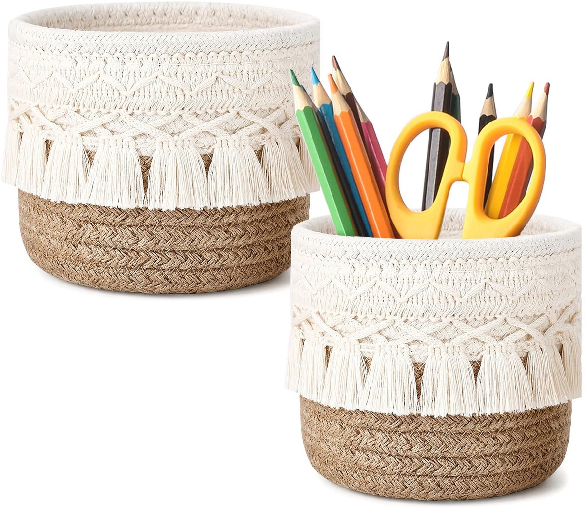 Set van 2 make-upborstelhouders met kwastjes, kleine katoenen opbergmand voor make-uptafel, organizer - ShopVlot
