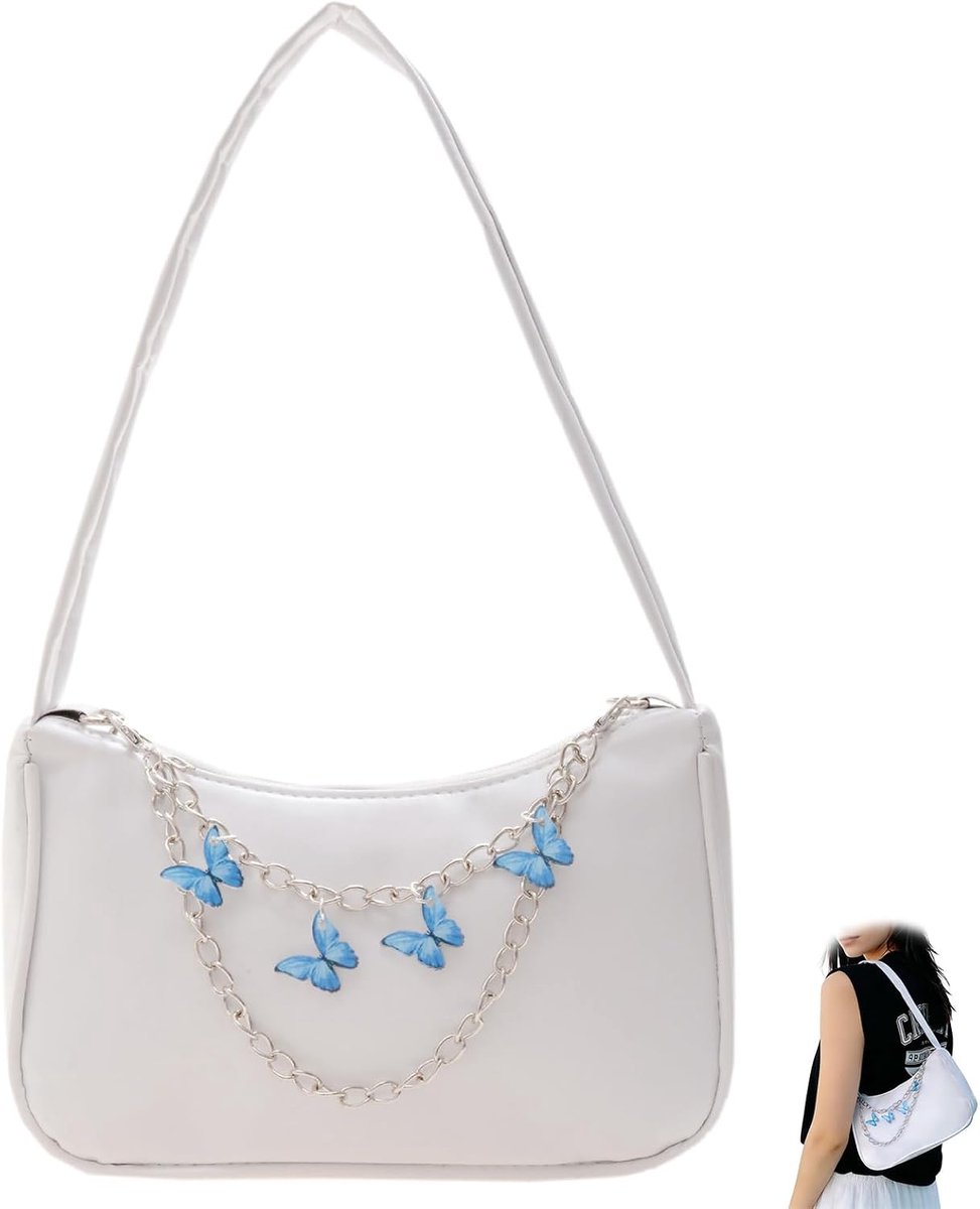 Women's Small Handbag Butterfly Chain Shoulder Bag for Girls, White Faux Leather Shoulder Bag, Mini Casual Bag - ShopVlot