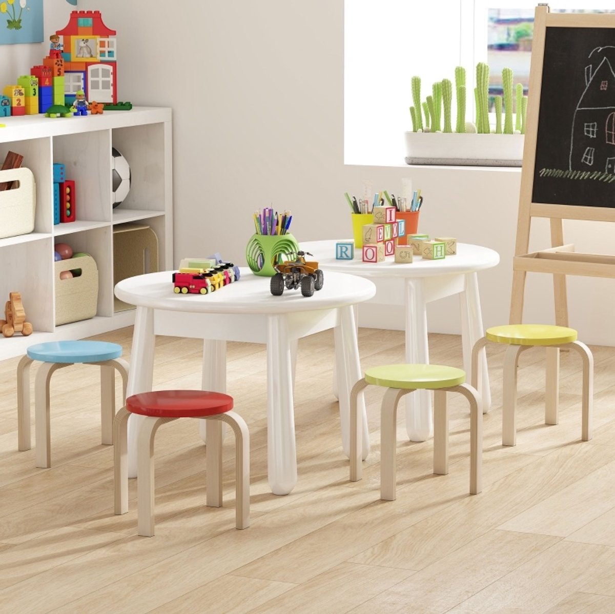 FloraGrace Hocker Set Van 4 – Stapelbaar Krukje Met Viltvilt Onderpads – Voor Woonkamer, Speelkamer En Slaapkamer – Hout – Multicolor