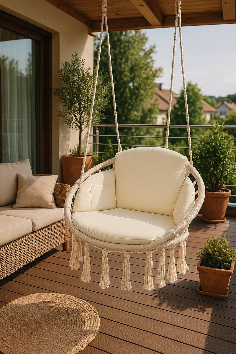 Beige Boho Macramé Hangmat Stoel met Waterdicht Kussen - Merkloos
