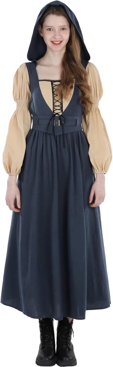 Fiamll Medieval Dress with Hood Women's Vintage Cosplay Dress with Belt Long Sleeve Renaissance Dress for LARP - ShopVlot
