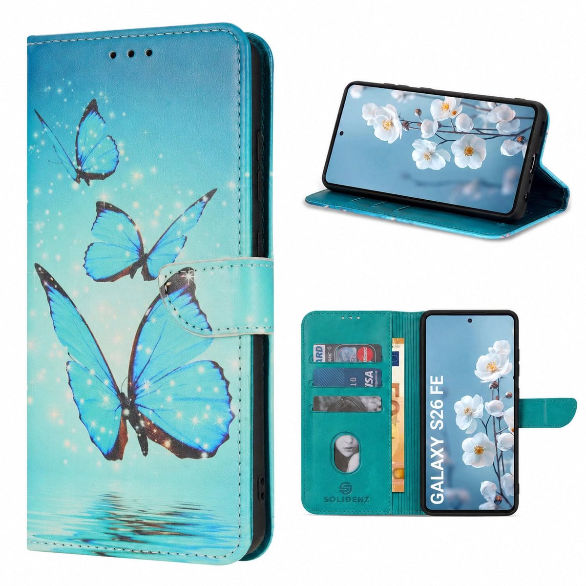 Solidenz bookcase - Geschikt voor Samsung Galaxy S26 FE - 3 pasjes - Vlinders - Blauw en meerkleurig
