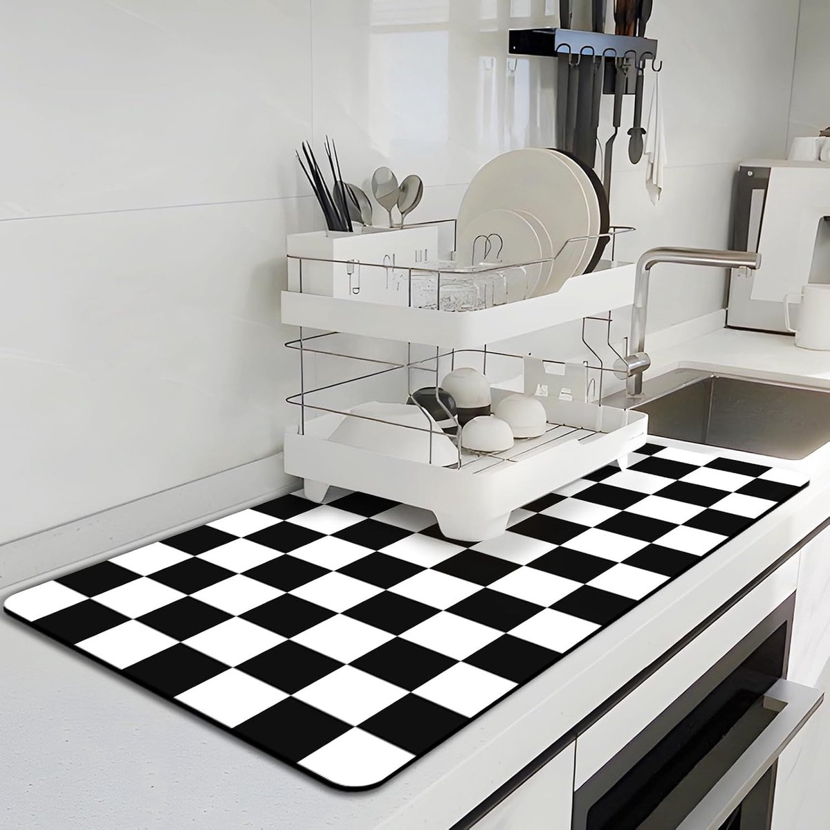 Checkered Kitchen Draining Mat, 40 x 60 cm Coffee Mat for Countertops, Coffee Mats with Non-Slip Rubber Backing - ShopVlot
