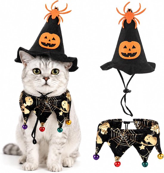 2 stuks, Halloween-kostuum, kat, heksenhoed en halsband met belletje (A) - ShopVlot