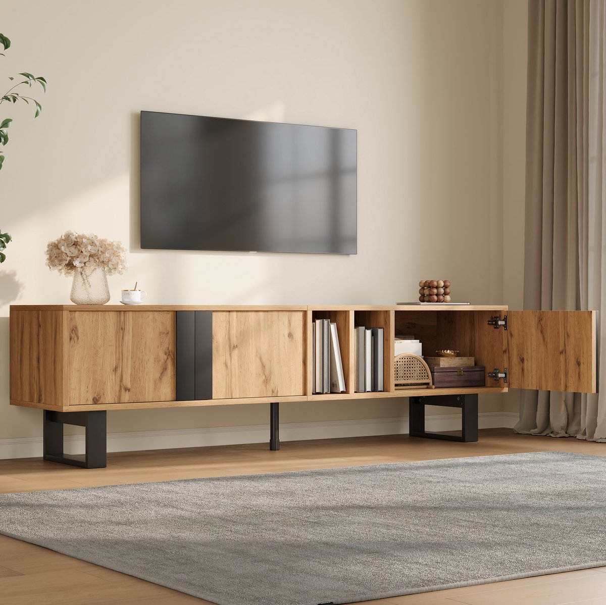 MIVRAY Tv Meubel - Asymmetrische Opbergruimte Met 3 Deuren En Open Vakken - Voor Woonkamer En Tv Hoek - Houtlook - 160 X 40 X 50 Cm
