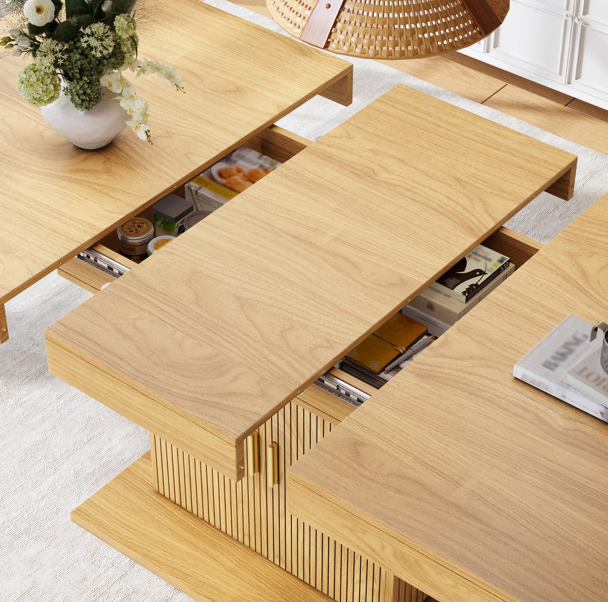 MIVRAY Eettafel - Uitschuifbaar Met Opbergruimte En Ribbeldetails - Voor Woonkamer En Eetkamer - MDF En Metaal - 140 Tot 180 Cm - Lichte Eikenlook En Notenlook