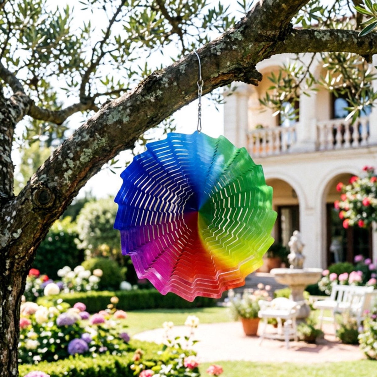 Regenboog windspinner, 30 cm roestvrij staal, vogelverschrikker, hangdecoratie voor tuin, terras en balkon