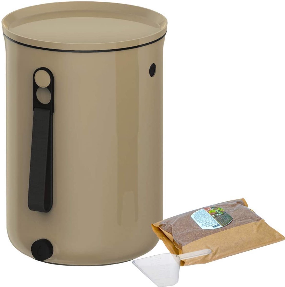 Famanu – Keukencompostbak van gerecycled kunststof, 9,6 l, starterset voor keukenafval en compostering met gistingsactivator, 1 kg (cappuccino