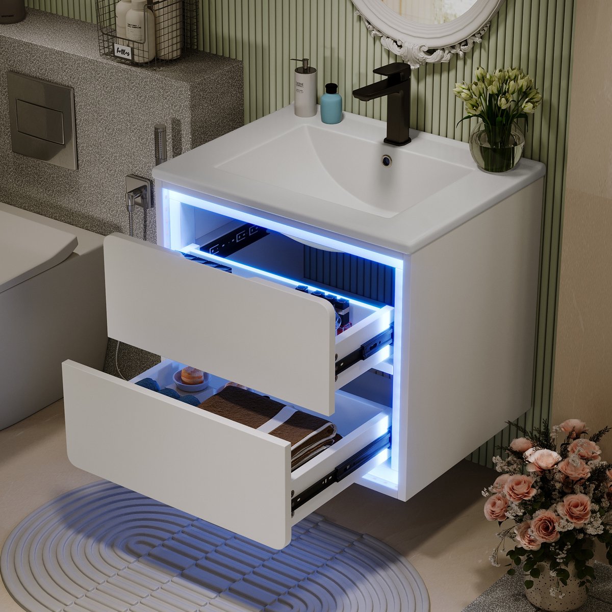 Sweiko Badkamerkast - Wandmodel - LED-verlichting - 2 lades - Met wastafel - Wit