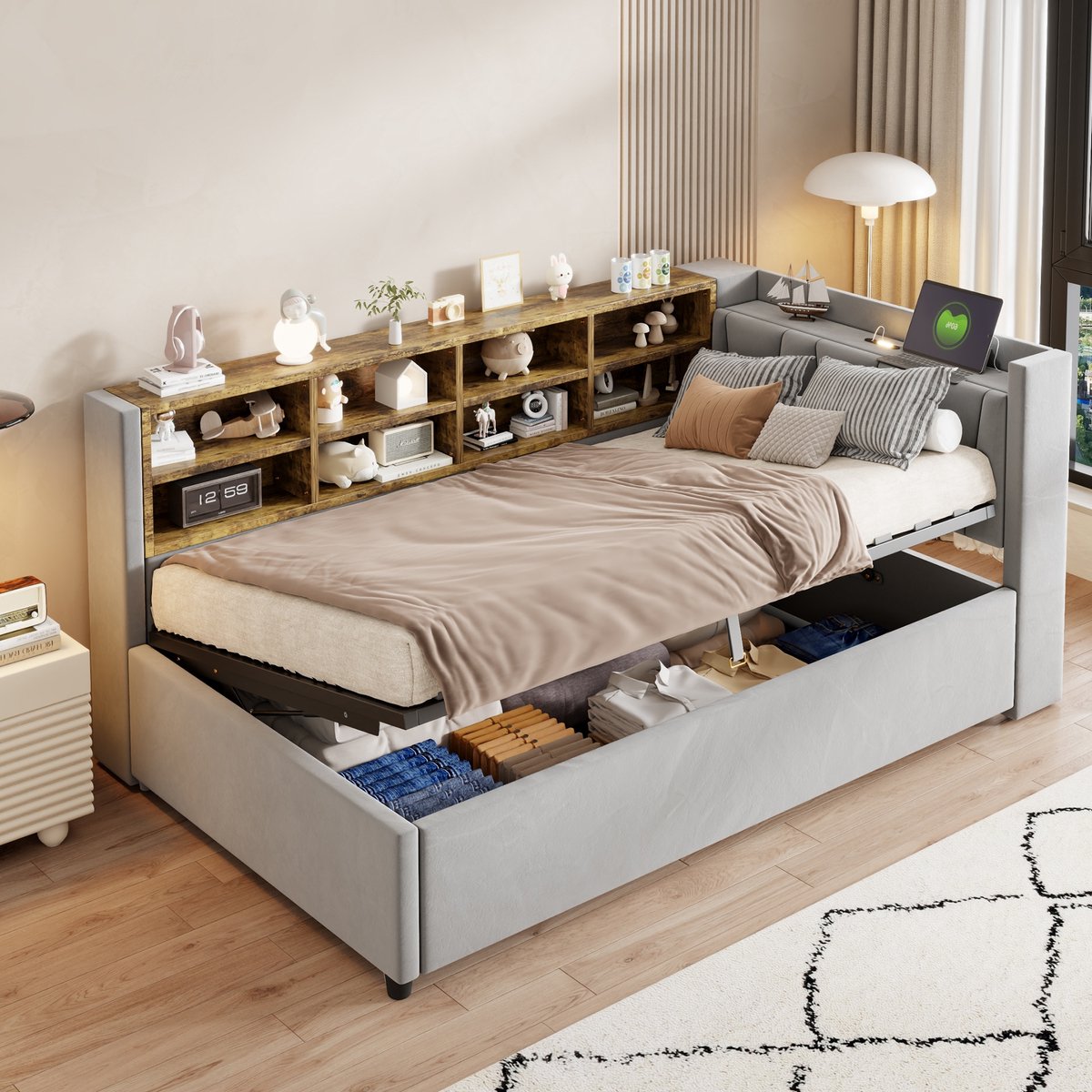 Sweiko Gestoffeerd bed - Slaapbank - 90 x 200 cm - Opbergruimte - Met bedlampjes - USB / Type-C - Velvet - Lichtgrijs