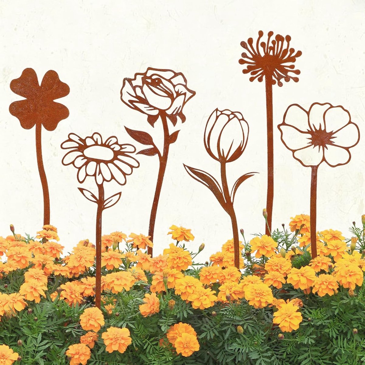 6 stuks metalen tuinstekers, bloemenstekers, tuindecoratie, roestdecoratie, roestdecoratie, tuindecoratie voor tuin - ShopVlot