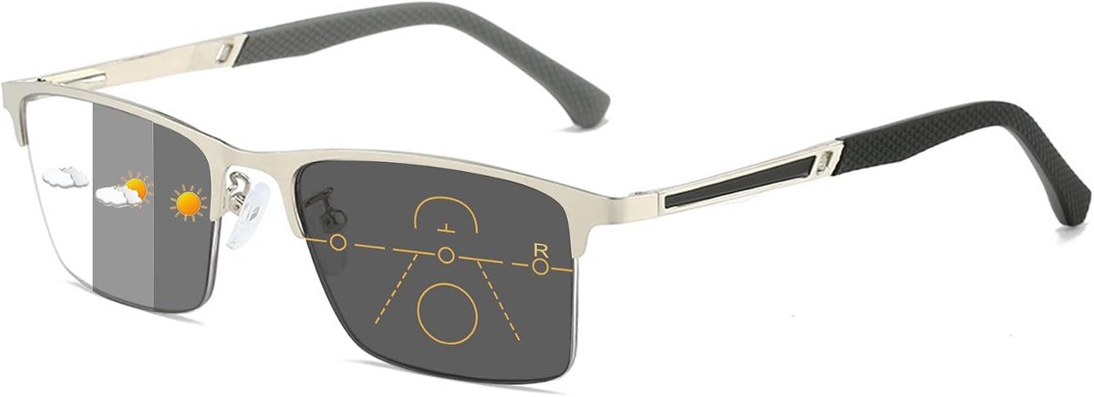 Lanomi Half Frame Self-Colouring Glasses for Men Women Blue Light Filter Metal Rectangular Photochrome Progressive - ShopVlot