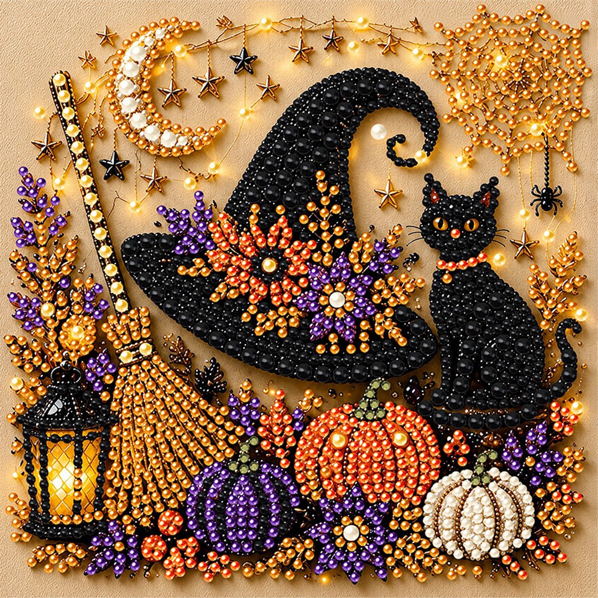 Halloween Parel- en Diamantschilderset - Complete set met edelstenen en diamantjes - Halloween feestcadeau - Geschikt voor beginners en volwassenen - Zwart & Heksenhoed