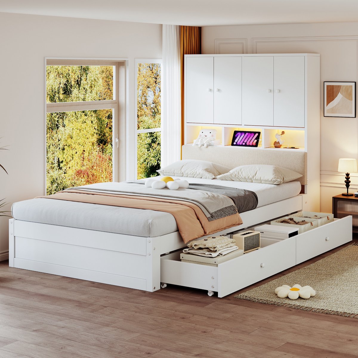 Sweiko Houten bed - 90 x 200 cm - Gestoffeerd hoofdeinde - Met opbergruimte - LED-verlichting - Stopcontact - 2 lades - Wit