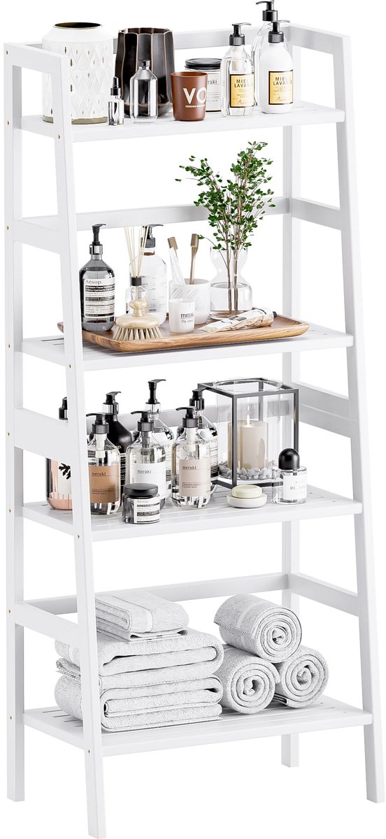 Famanu – 4-laags ladder plank van bamboe, vrijstaand boekenplank voor badkamer, plant display stand, wit