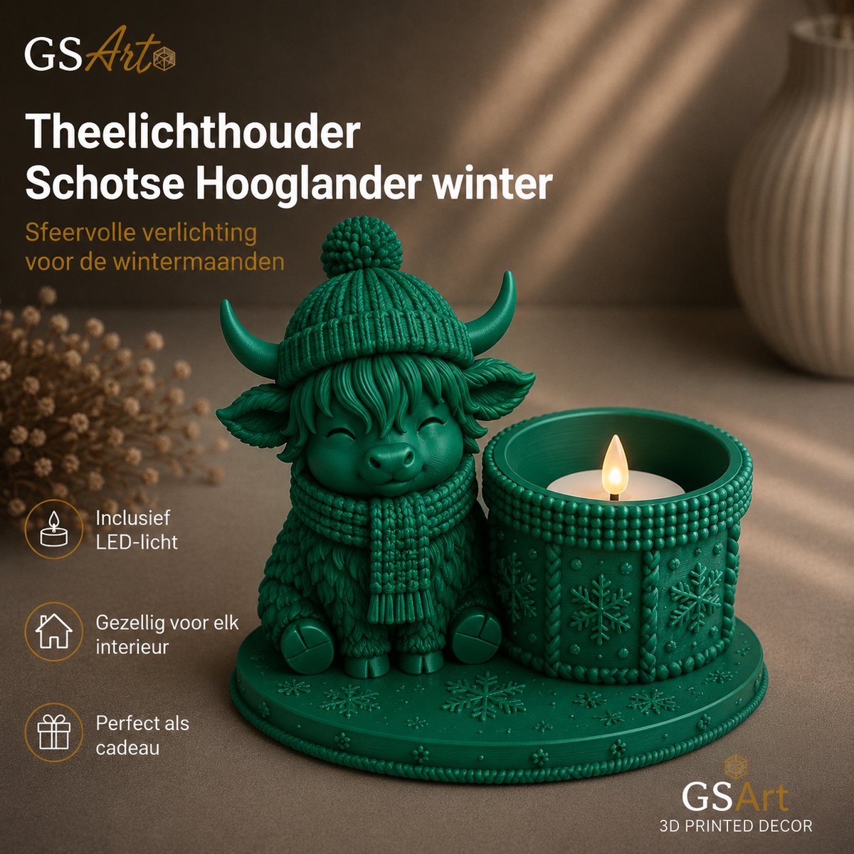GSArt Theelichthouder Schotse Hooglander Winter – inclusief LED-kaarsje - Maretak Groen