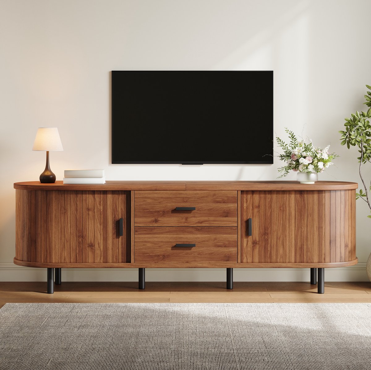 MIVRAY TV Meubel - Walnootkleur Met Schuifdeuren En 2 Lades - Voor Woonkamer En Interieur - Houtlook - 160 X 40 X 55 Cm