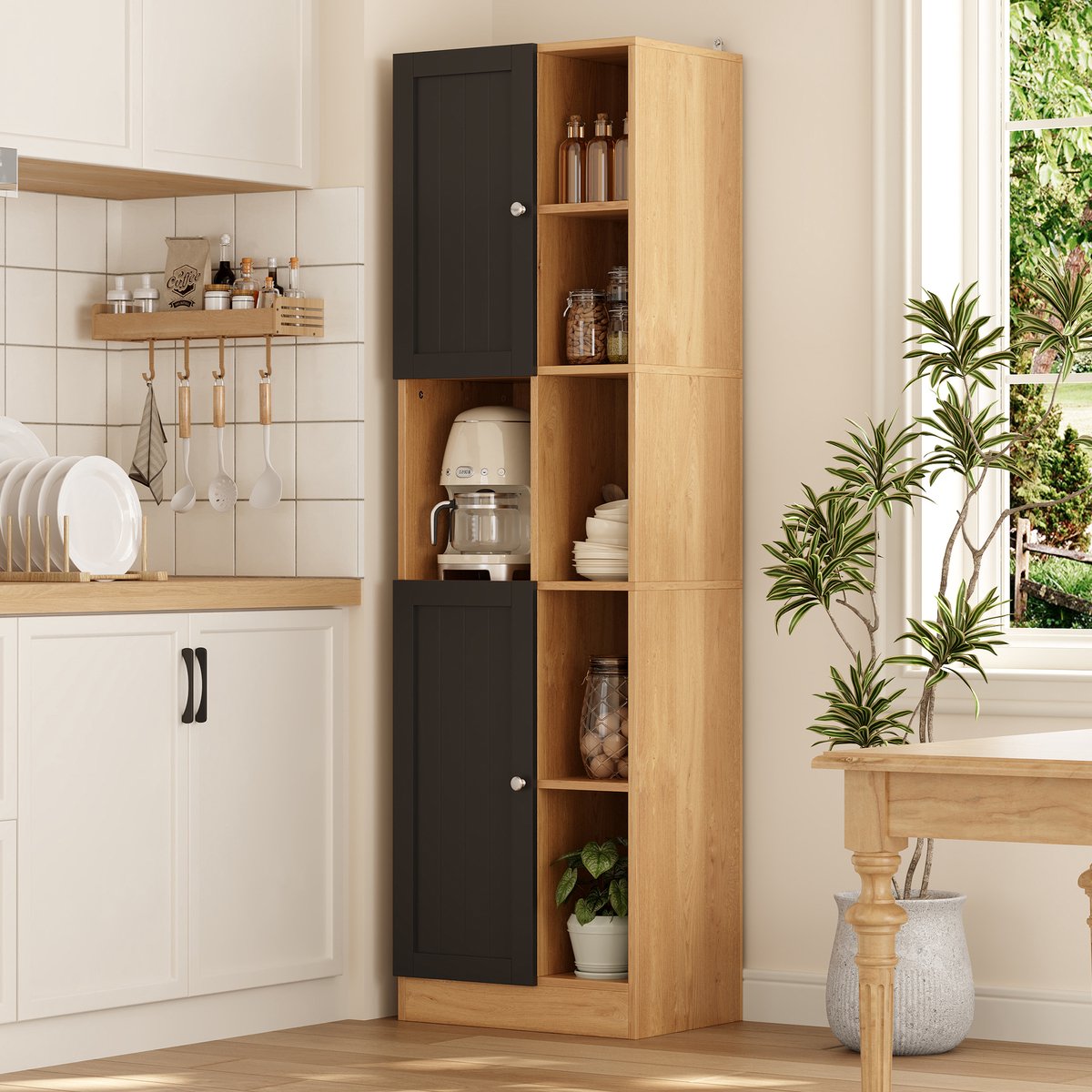 Clruro Keukenkast - 50 x 35,5 x 170 cm - Hoekmodel - 6 Vakken en 2 Deuren - MDF - Antraciet/Eiken