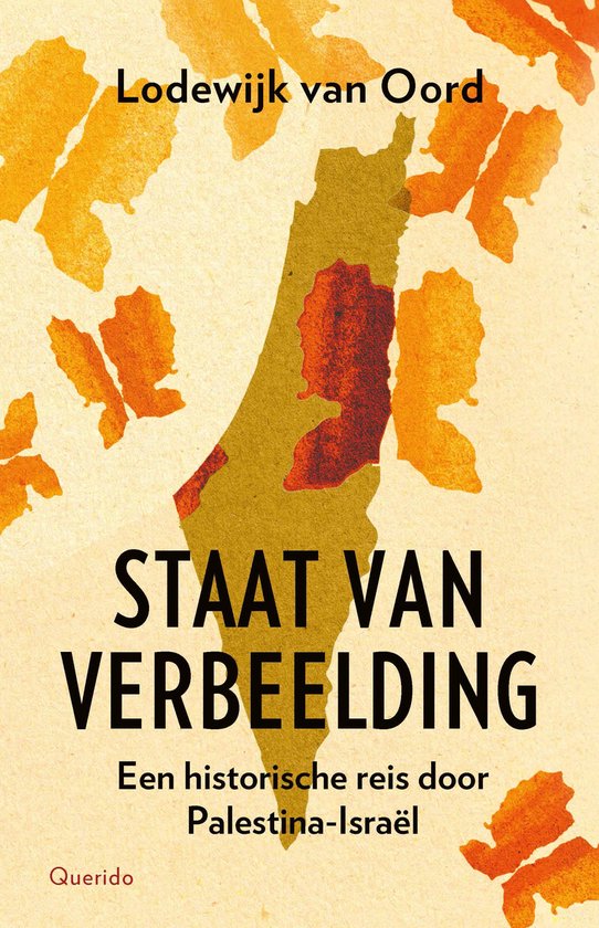 Boek "Staat van Verbeelding" met een landkaart van Palestina-Israël in warme tinten en oranje bladeren.