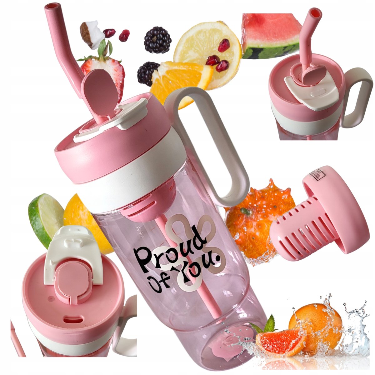 Merkloze Drinkfles met Fruitinfuser en Rietje - 1160 ml Roze