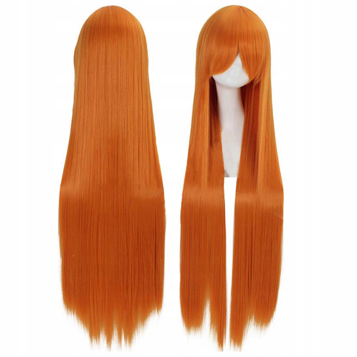 Dames pruik oranje lang steil met pony, 100cm, cosplay