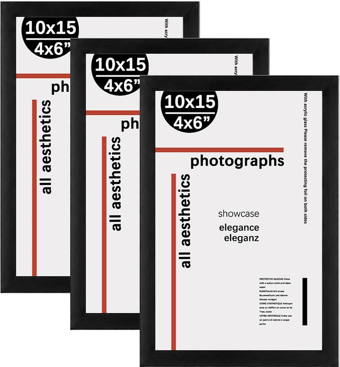 Fotolijst 6x4 zwart - set van 3 - acrylglas - voor muur en tafelblad - ShopVlot