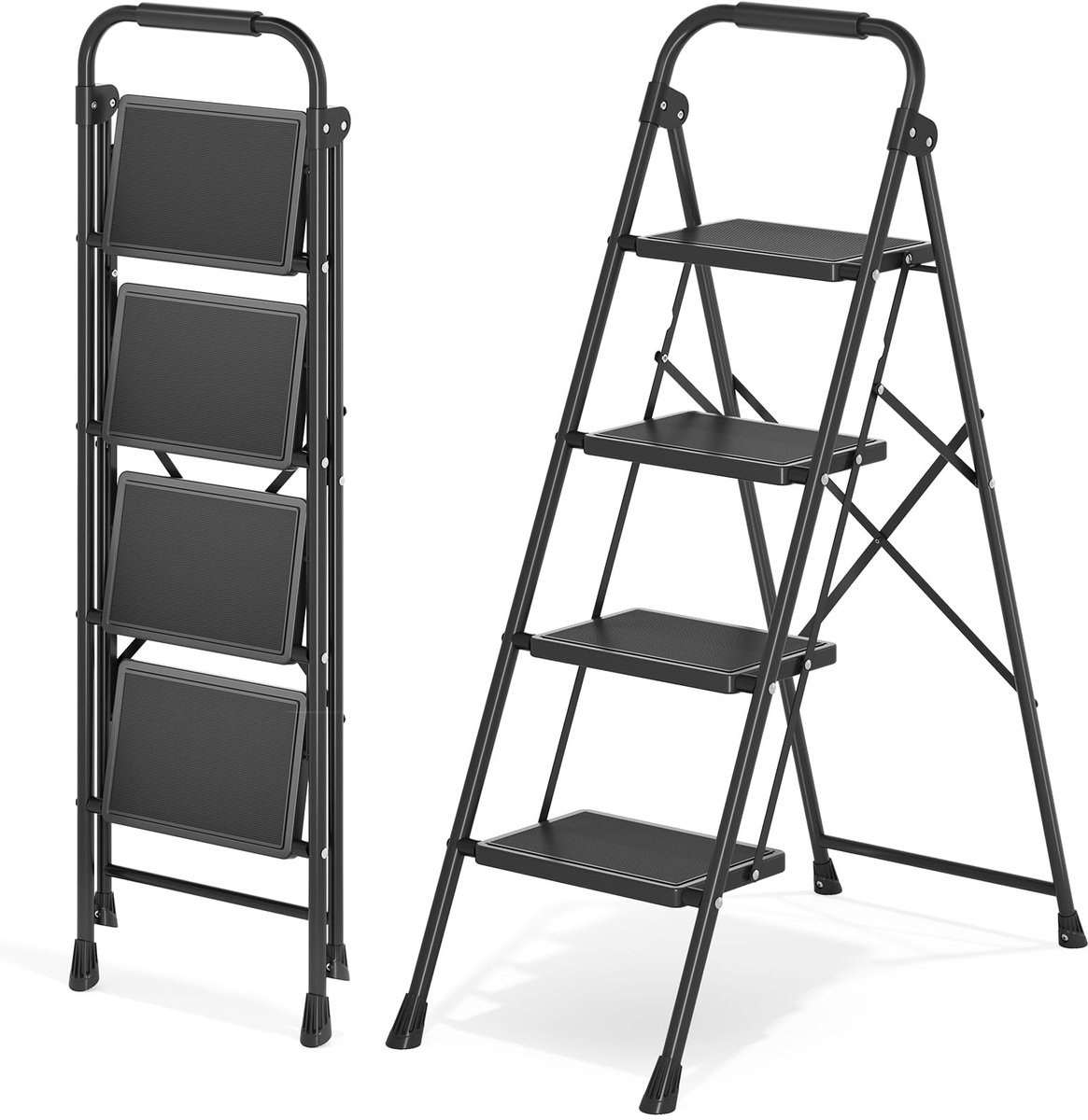 Trapladder 4 treden - vouwladder zwart - met leuning - belastbaar tot 150 kg - ShopVlot
