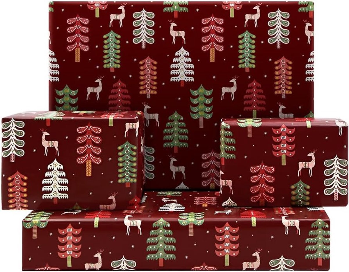 Kerstboom inpakpapier 50 x 70 cm - wijnrood - abstract patroon - stijlvolle geschenkverpakking - ShopVlot