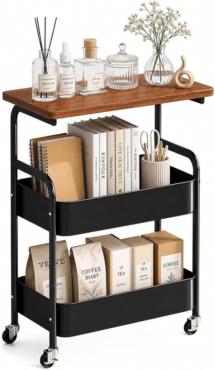 Boekentrolley 3-laags 44 x 30 x 77 cm - Stalen frame - Robuust en veelzijdig - Ideaal voor woonkamer en kantoor - ShopVlot