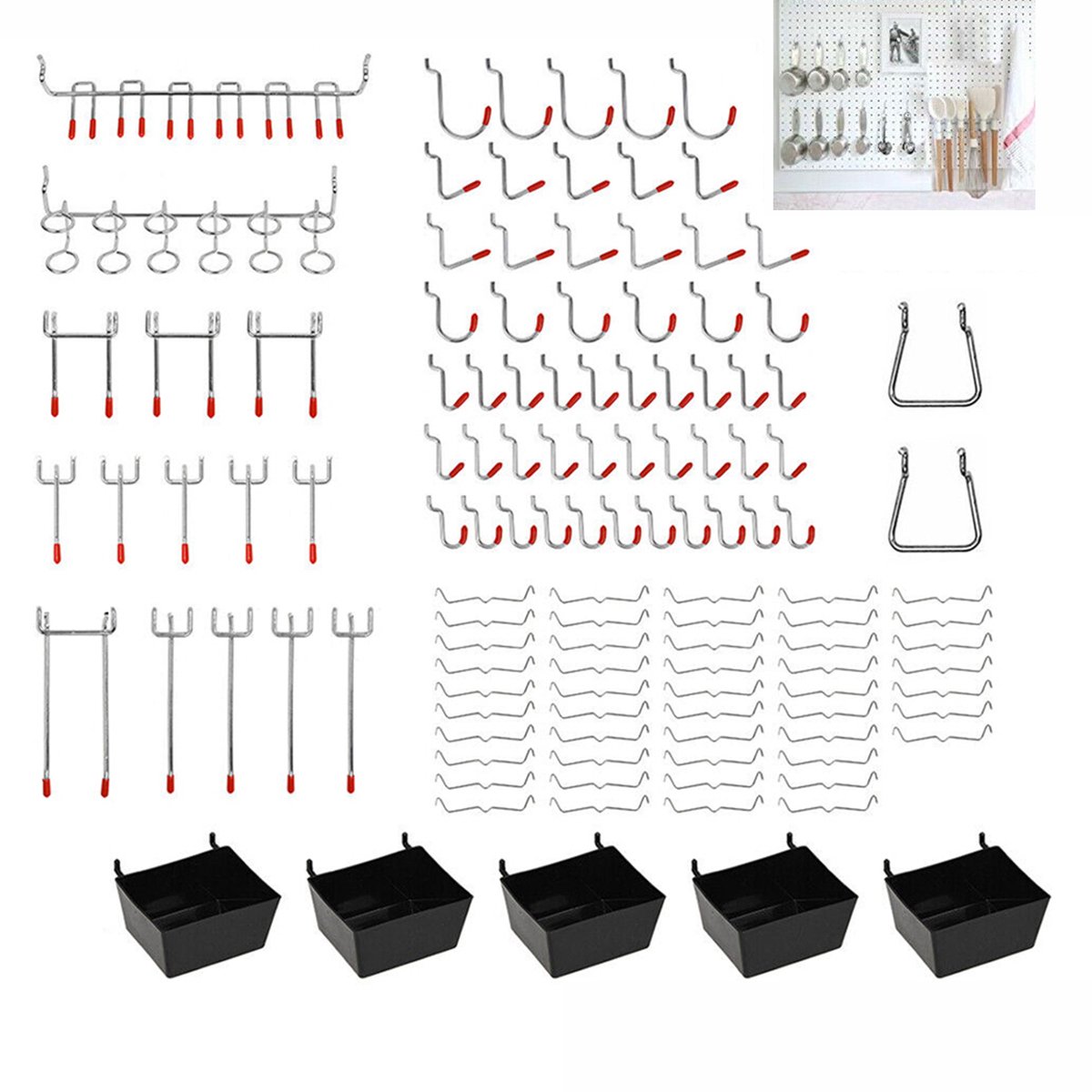 122-delige pegboard opbergset – Inclusief zwarte haken, opbergdozen en gereedschapsrekken – Opbergsysteem voor gereedschapswanden – Onderdelenhaken – Opbergruimte voor gereedschap, onderdelen en accessoires