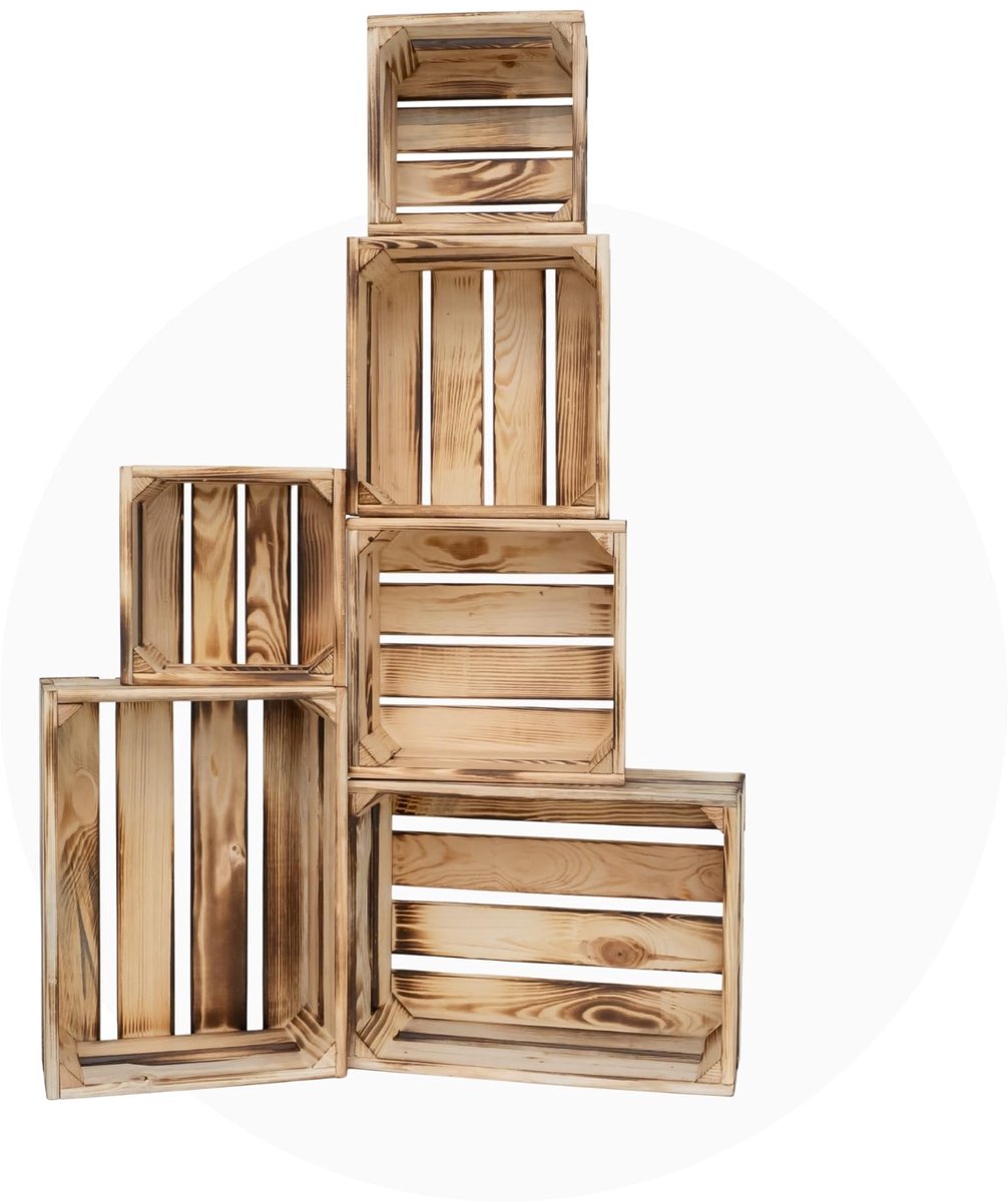 Famanu – Houten krattenset, set van 6 opbergkratten in 3 maten, decoratieve houten opbergkisten, -gecertificeerd hout, gerookt