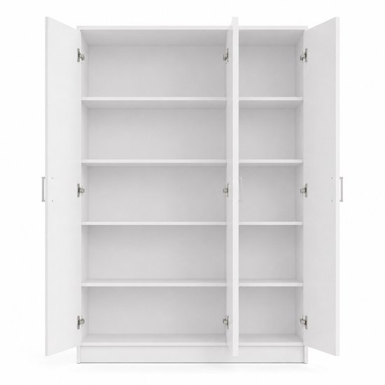 Witte kast met drie deuren, alle deuren staan open en geven zicht op de legplanken.