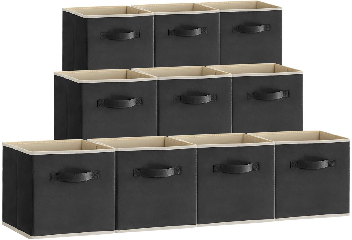 Famanu Set van 10 opbergdozen, opvouwbare opbergbox, met afmetingen van 33 x 33 x 33 cm, vliesmateriaal met handgreep voor praktische opberging in zwart