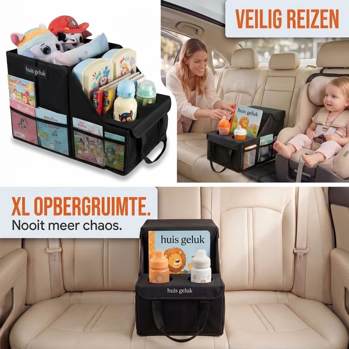 Auto Organizer Achterbank met Stevige Kunststof Panelenzakken - Waterafstotend - Opvouwbaar - Universeel voor Autostoel en Passagiersstoel - Opbergsysteem voor Kinderen en Gezinnen - Inclusief Drinkbekerhouder - Huis Geluk