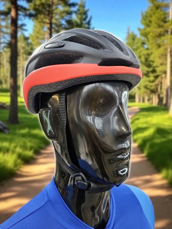 Casque de vélo noir avec visière rouge et logo "GORILLAS", sur un mannequin dans un environnement forestier.