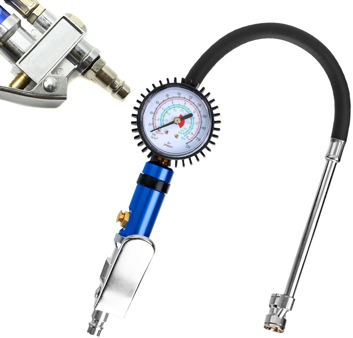 Bandenpomppistool met drukmeter - Met drukmeter - 0–15 bar - Persluchtbandenpomp - Bandenspanningsmeter - Metaal - Blauw