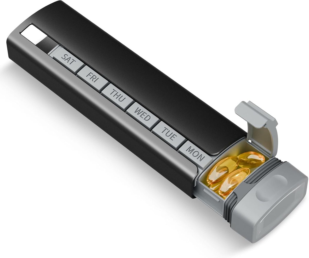 Pillendoosje voor 7 dagen, verbeterde metalen weekpillendoos, reispillendoos, voor het bewaren van dagelijkse medicijnen, dubbellaags ontwerp - stevige binnendoos van ABS en buitenschaal van aluminiumlegering (zwart).