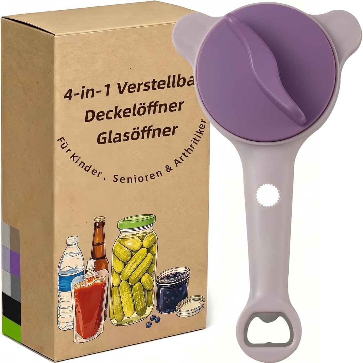 Potopener voor senioren - Lila - 2,5-9 cm verstelbaar - Multifunctionele glazen en flessenopener - Ergonomisch ontwerp