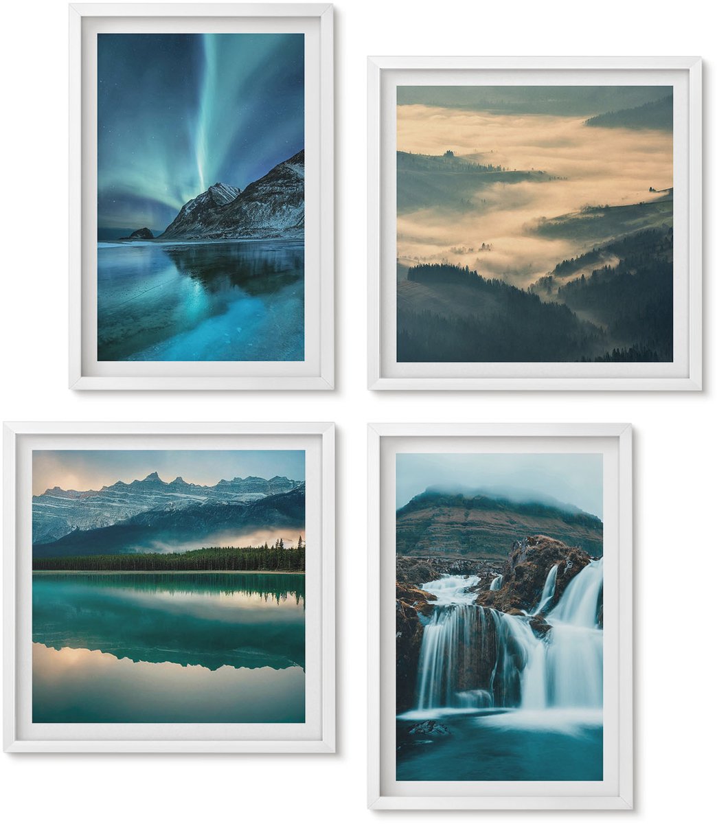 Wallfluent 4-Delige Schilderij Set - Winterlandschappen Met Watervallen En Het Noorderlicht - 40 x 40 En 40 x 60 - Wanddecoratie - Schilderijen Set - Kantoor - Muurdecoratie