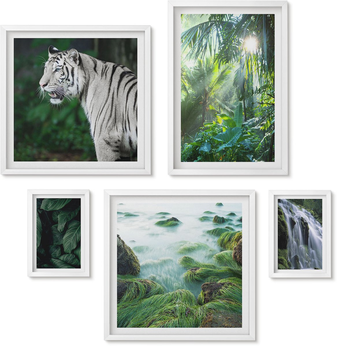 Wallfluent 5-Delige Schilderij Set - Tropische Natuur Met Wilde Dieren En Watervallen - 50 x 50 cm, 20 x 30 cm En 40 x 60 cm - Decoratieve Muurdecoratie - Slaapkamer - Woonkamer Decoratie