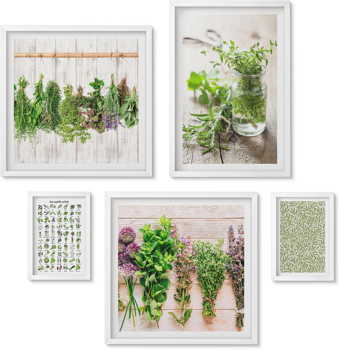 Wallfluent 5-Delige Schilderij Set - Kruideninspiratie In Een Natuurlijke Decoratieve Stijl - 50 x 50 cm, 20 x 30 cm En 40 x 60 cm - Schilderijen Set - Wanddecoratie - Woonkamer - Moderne Wanddecoratie