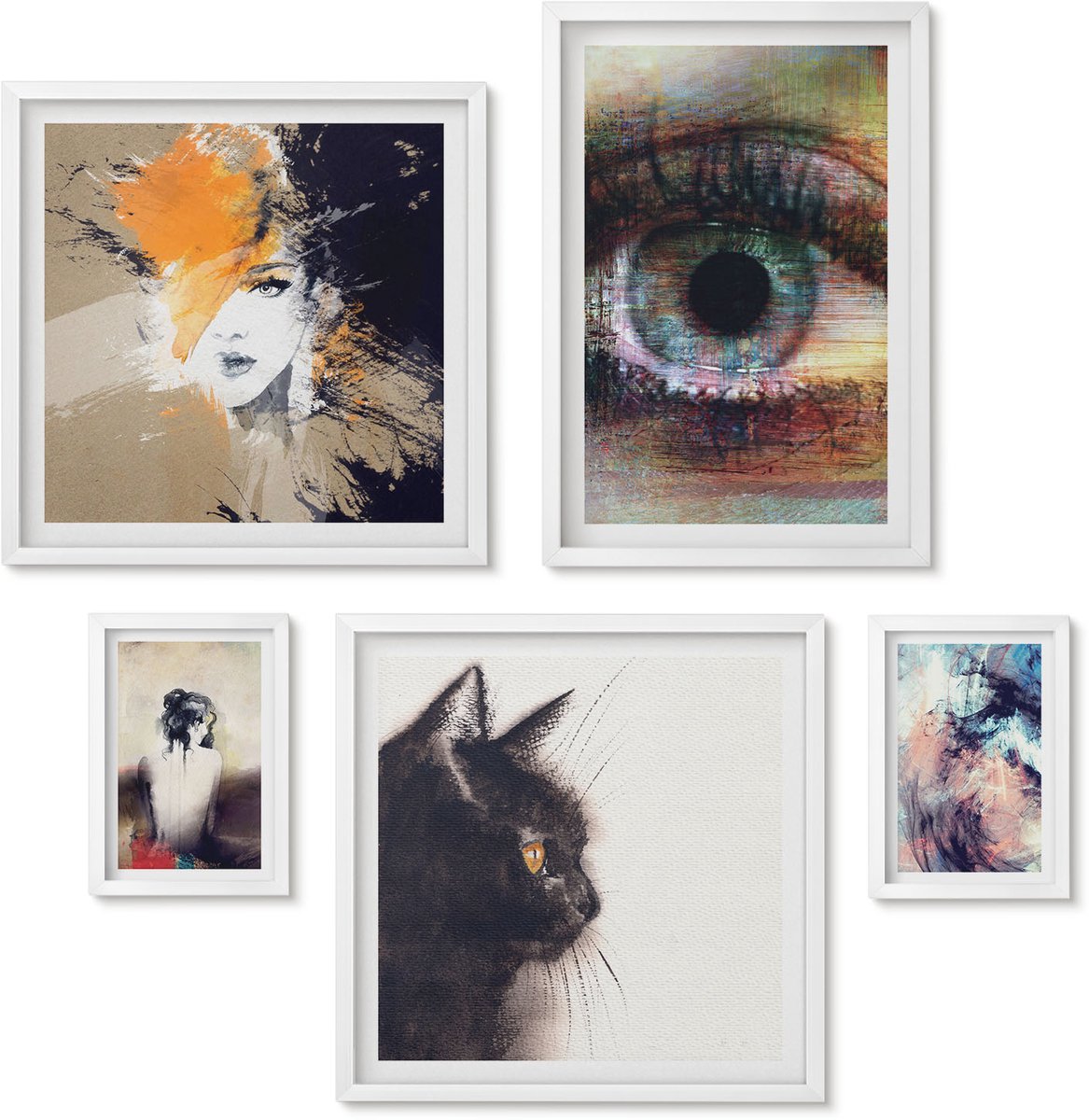 Wallfluent 5-Delige Schilderij Set - Moderne Kunstportretten En Abstractie In Één Set - 50 x 50 cm, 20 x 30 cm En 40 x 60 cm - Decoratieve Schilderijen - Wanddecoratie - Hal