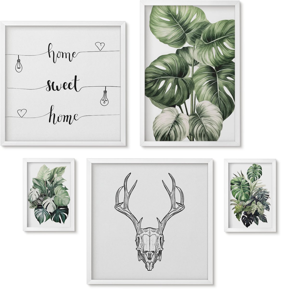 Wallfluent 5-Delige Schilderij Set - Plantmotieven Met Natuurelementen En Het Woord 'Thuis'. - 50 x 50 cm, 20 x 30 cm En 40 x 60 cm - Schilderijen Set - Wanddecoratie - Woonkamer