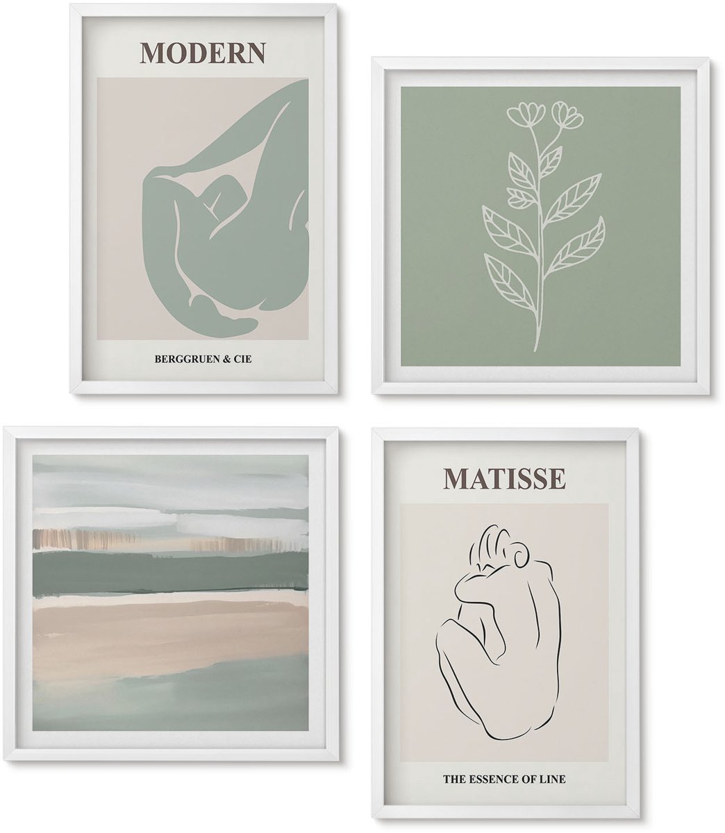 Wallfluent 4-Delige Schilderij Set - Abstracte Vormen In Pasteltinten Met Planten - 40 x 40 En 40 x 60 - Stijlvolle Wanddecoratie - Interieur - Interieur Decoratie